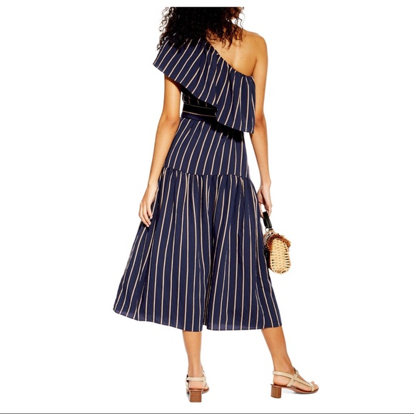 NEW TOPSHOP STRIPED ONE SHOULDER MIDI DRESS - Picture 6 of 9